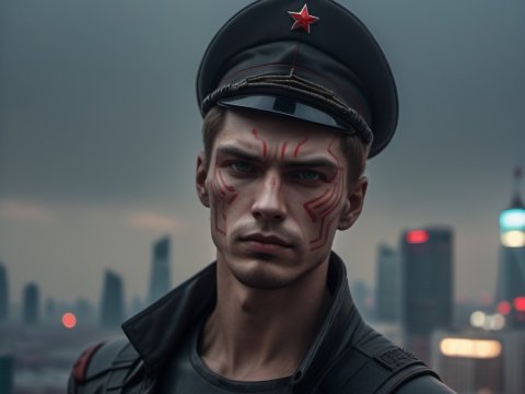 Futuristic Soldier with Red Facial Markings in Urban Nightscape