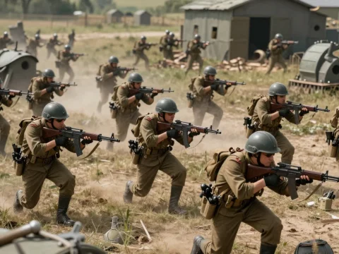 Futuristic Soldiers Advancing in Trench Warfare