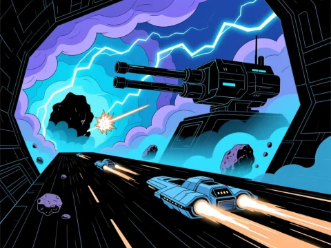 Futuristic Space Battle with Turret and Speeding Ships