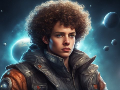 Futuristic Space Explorer with Curly Hair in Sci-Fi Setting