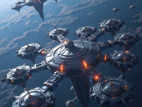 Futuristic Space Station Orbiting a Planet