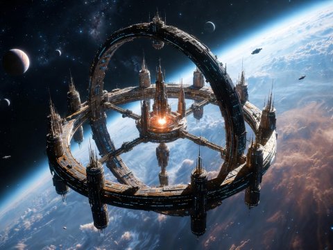 Futuristic Space Station Orbiting a Planet