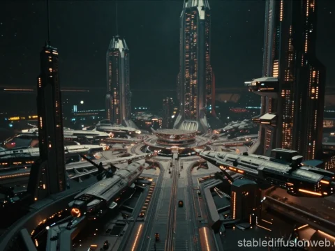 Futuristic Spaceport City at Night