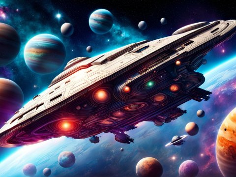 Futuristic Spaceship Among Vibrant Planets in Deep Space