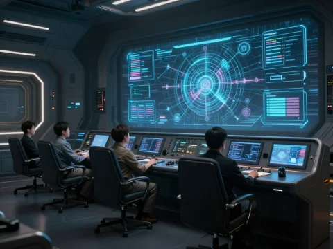 Futuristic Spaceship Control Room with Crew Monitoring Holographic Display