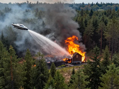 Futuristic Spaceship Extinguishing Forest Fire on Burning Cabin