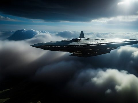 Futuristic Spaceship Hovering Above Clouds at Sunrise