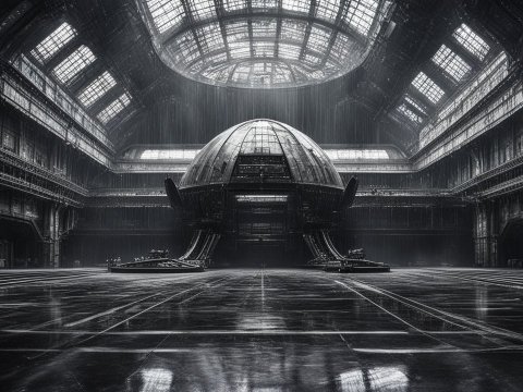 Futuristic Spaceship Landing in a Vast Industrial Hangar
