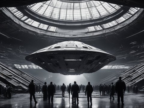 Futuristic Spaceship Landing in Massive Hangar