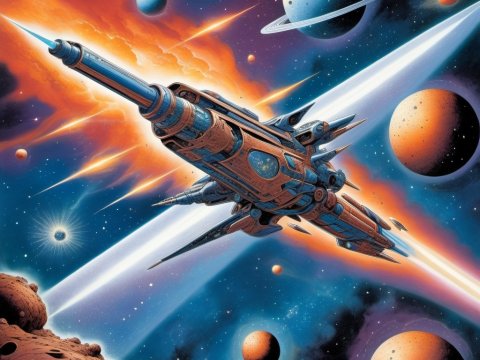 Futuristic Spaceship Navigating a Vibrant Cosmic Scene