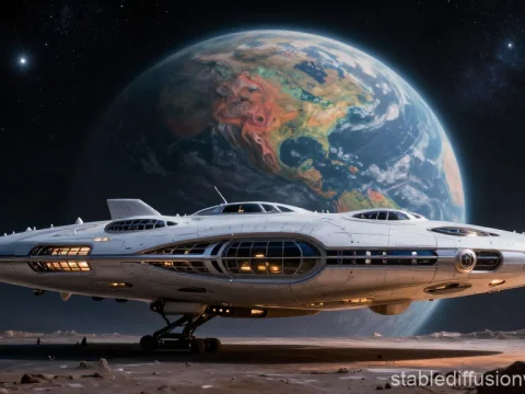 Futuristic Spaceship on Alien Moon with Earth in Background