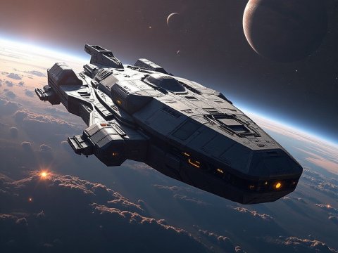 Futuristic Spaceship Orbiting a Planet with Distant Moons