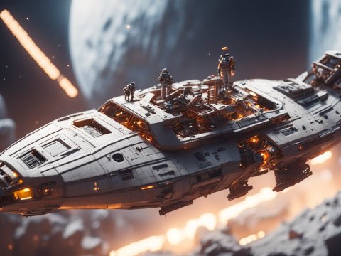 Futuristic Spaceship with Astronauts in Asteroid Field