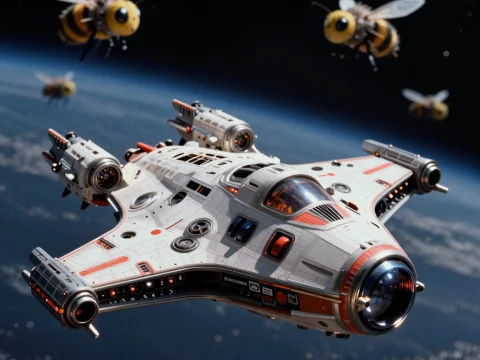 Futuristic Spaceship with Giant Bees in Orbit
