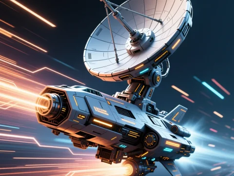 Futuristic Spaceship with Large Radar Antenna in Motion