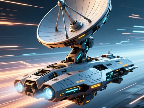 Futuristic Spaceship with Large Radar Antenna in Motion