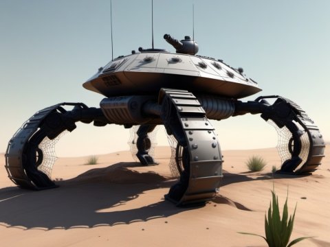 Futuristic Spider-Like Tank in Desert Landscape