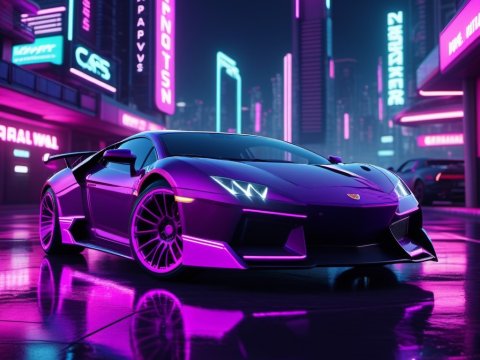 Futuristic Sports Car in Neon Cyberpunk Cityscape