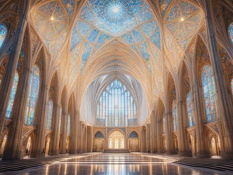 Futuristic Symmetrical Cathedral Interior with Stained Glass