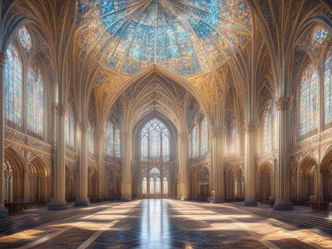 Futuristic Symmetrical Cathedral Interior with Stained Glass Dome
