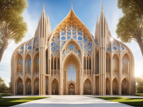 Futuristic Symmetrical Cathedral with Gothic Architecture