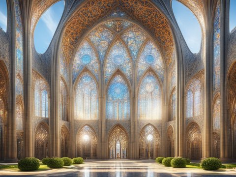 Futuristic Symmetrical Cathedral with Stained Glass