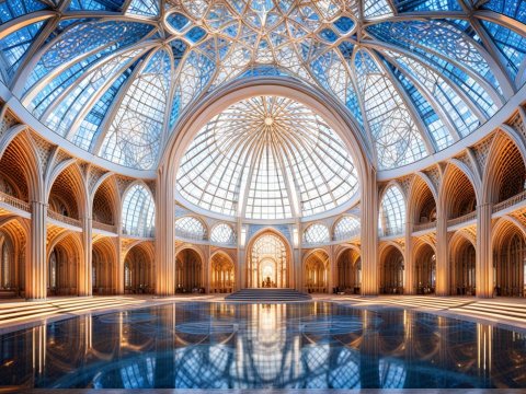 Futuristic Symmetrical Dome with Glass Ceiling and Reflections