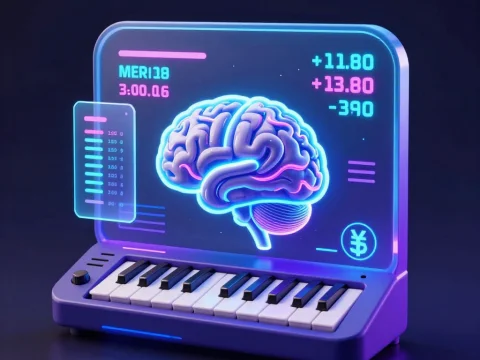 Futuristic Synthesizer with Neon Brain Hologram