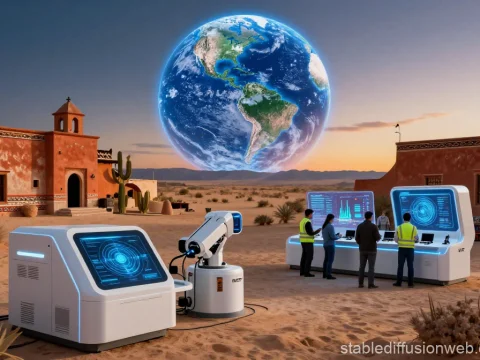 Futuristic Tech Hub in Desert with Earth Hologram