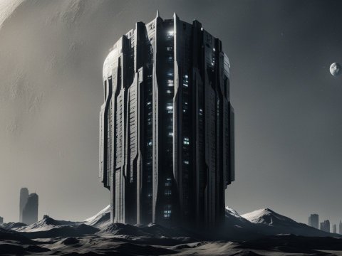 Futuristic Tower on a Lunar Landscape with Distant Cityscape