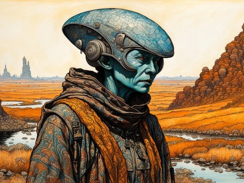 Futuristic Traveler in Detailed Sci-Fi Landscape