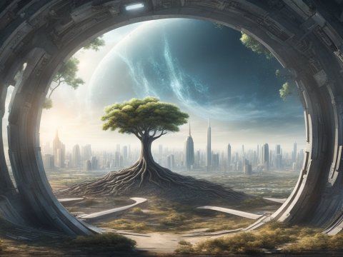 Futuristic Tree of Life in a Sci-Fi Cityscape