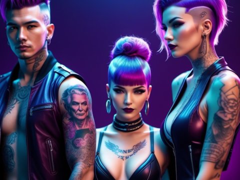 Futuristic Trio with Neon Purple Hair and Tattoos