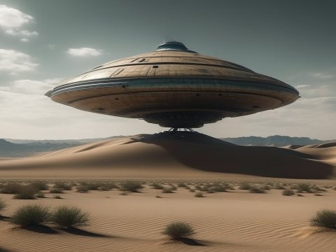 Futuristic UFO Landing in Desert Landscape