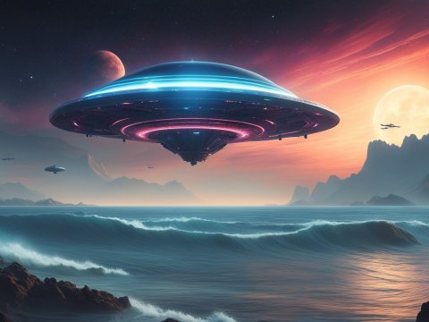 Futuristic UFO Over Alien Ocean at Sunset