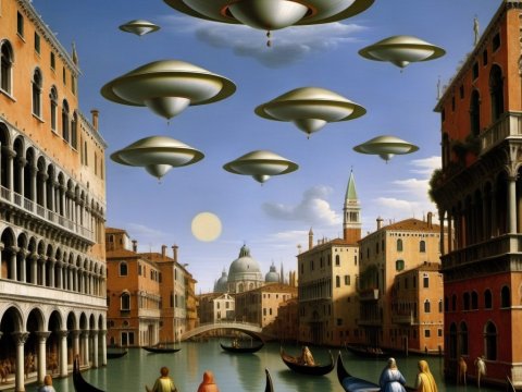Futuristic UFOs Hovering Over Venice Canal