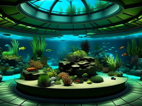 Futuristic Underwater Aquarium with Vibrant Marine Life
