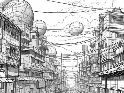 Futuristic Urban Street with Floating Spheres