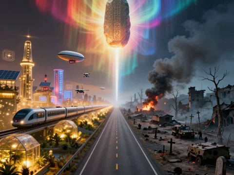 Futuristic Utopia vs Post-Apocalyptic Ruins Divided by a Mystical Stone