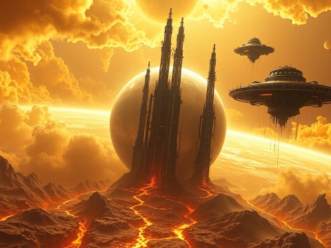 Futuristic Volcanic Landscape with Floating Space Stations