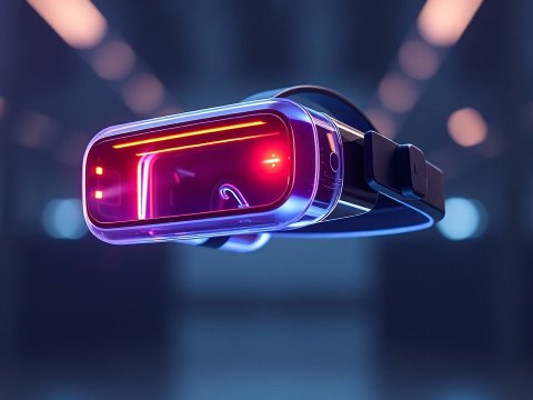 Futuristic VR Headset with Neon Lights in Dark Environment