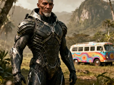 Futuristic Warrior in Exoskeleton Armor with Tribal Tattoo