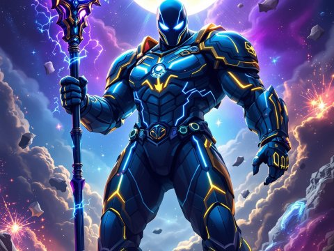 Futuristic Warrior with Electric Staff Under Full Moon