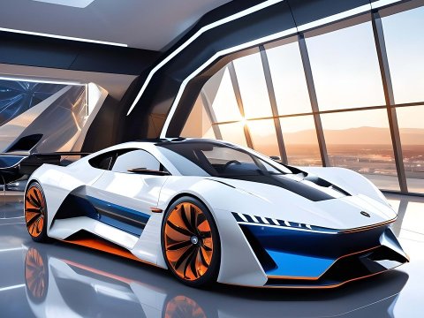 Futuristic White and Orange Sports Car in Modern Showroom