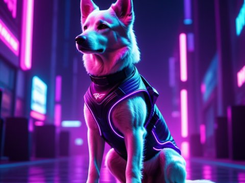 Futuristic White Dog in Neon Cyberpunk City