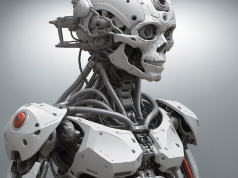 Futuristic White Robot with Skeletal Design