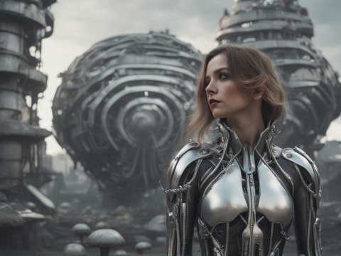 Futuristic Woman in Metallic Armor Amid Sci-Fi Ruins