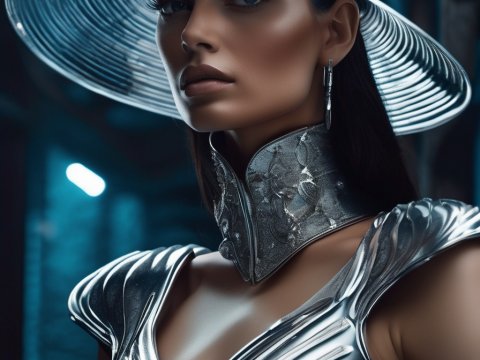 Futuristic Woman in Reflective Metallic Outfit and Hat