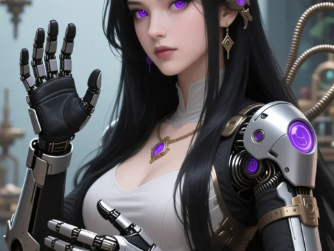 Futuristic Woman Inventor with Cybernetic Arms and Purple Accents