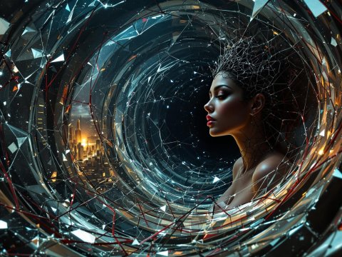 Futuristic Woman Surrounded by Digital Fractal Tunnel